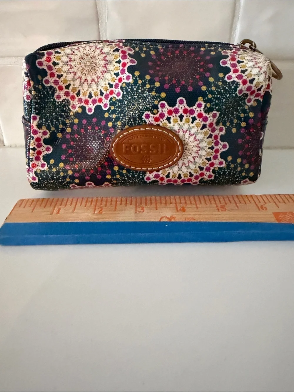 Fossil Coated Kaleidoscope Canvas Small Makeup Pouch/Bag Brass Ring Pull